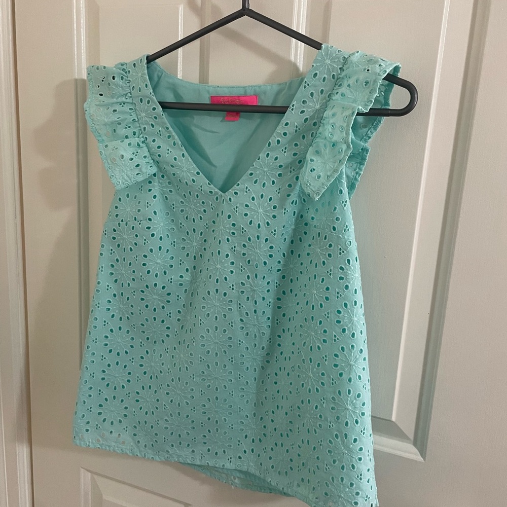 Lilly Pulitzer Aqua Eyelet Ruffle Top